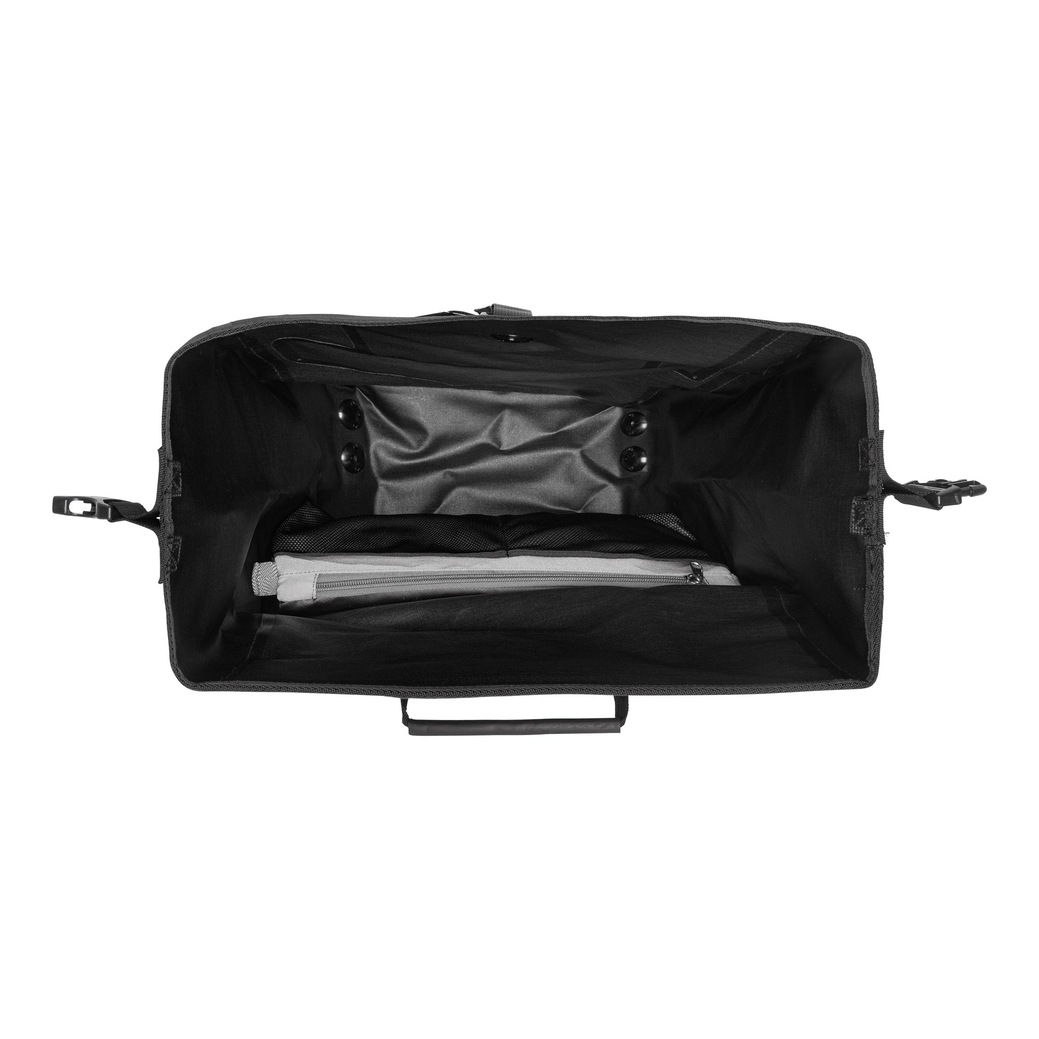Vista interna di ORTLIEB Back-Roller XL Plus QL2.2 in granite - black con ampio scomparto principale e tasca con zip
