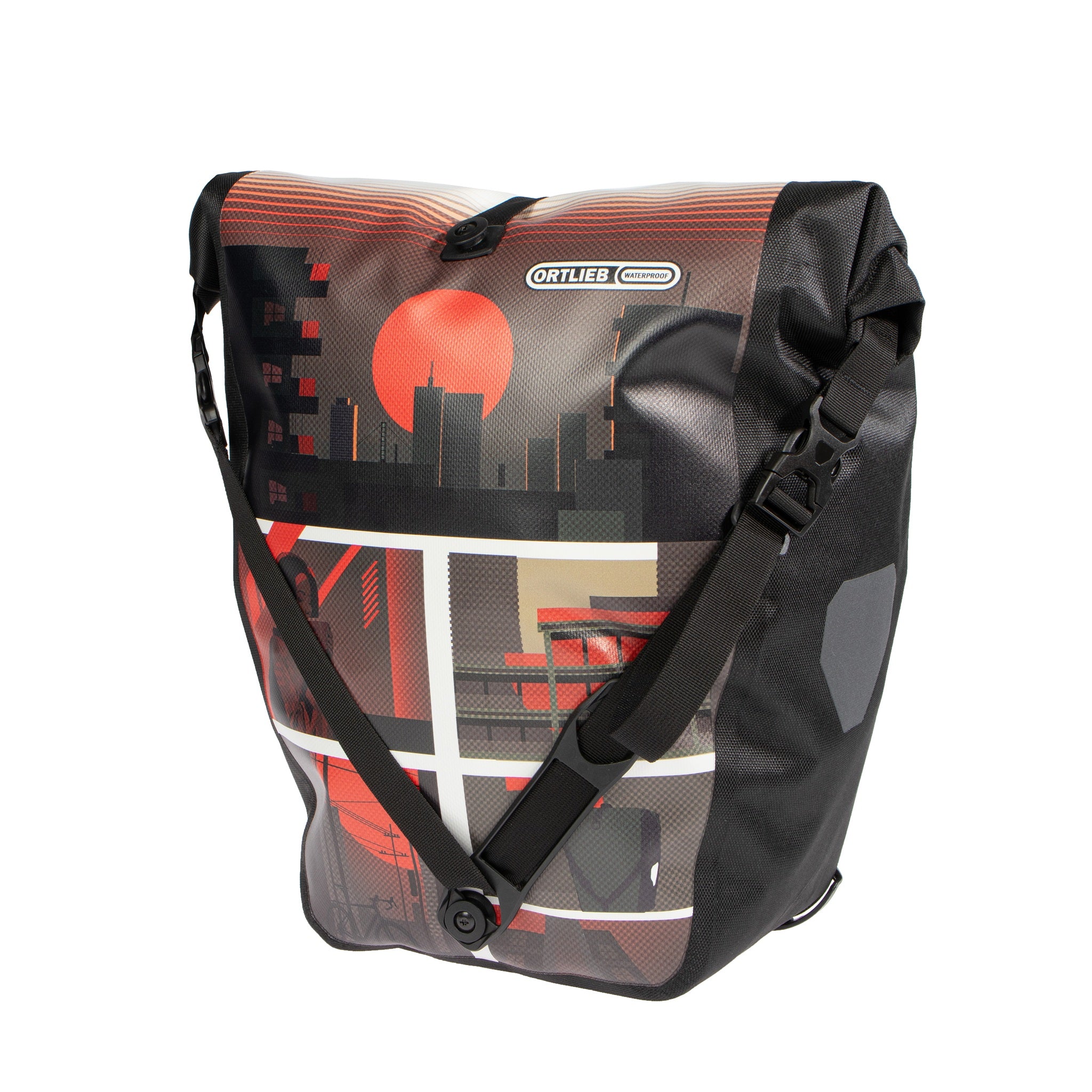 Vista frontale della borsa ORTLIEB Back-Roller Design colore design "Morning Routine" con grafica sole rosso