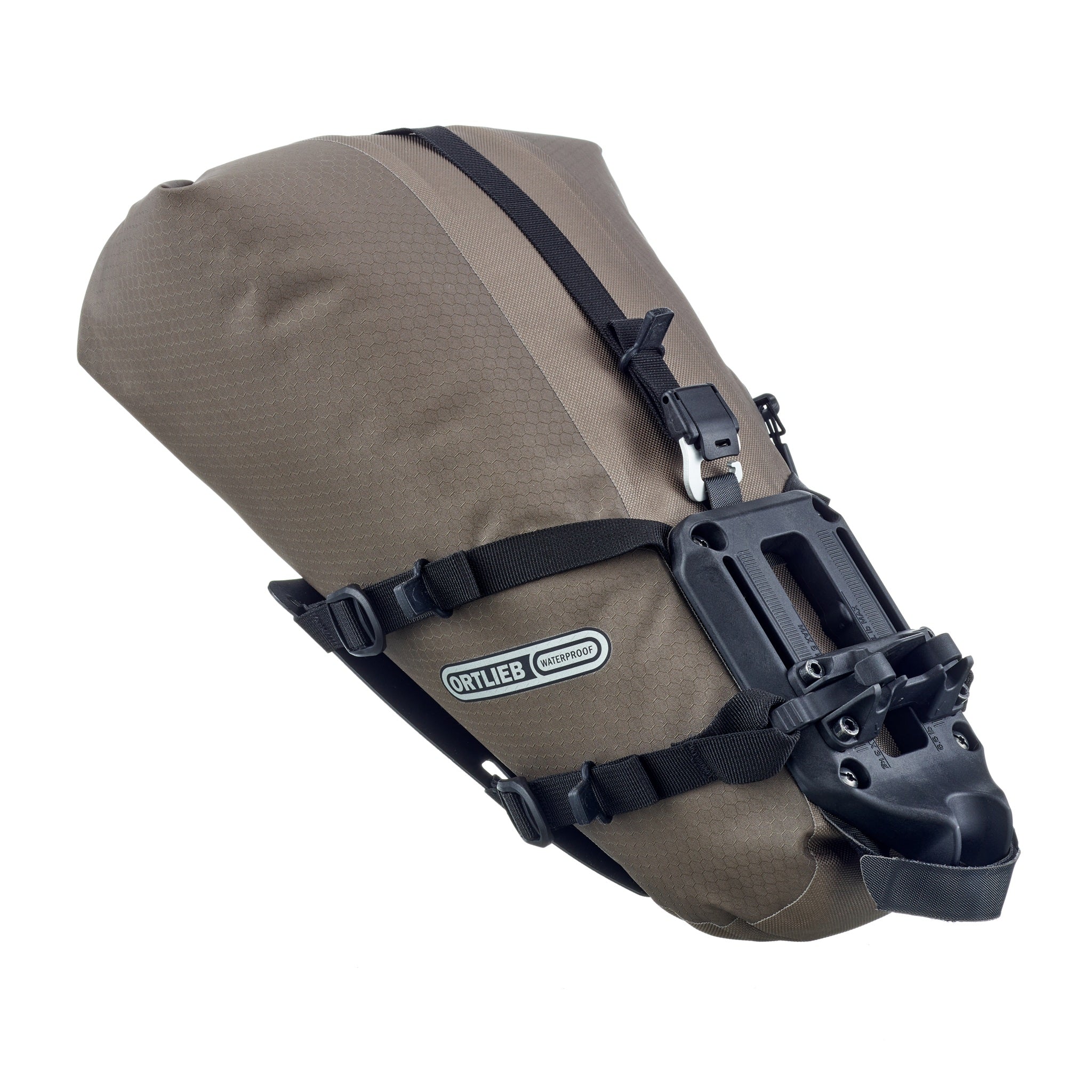 Borsa da bici ORTLIEB Seat-Pack QR color dark-sand vista laterale con chiusura a rotolo