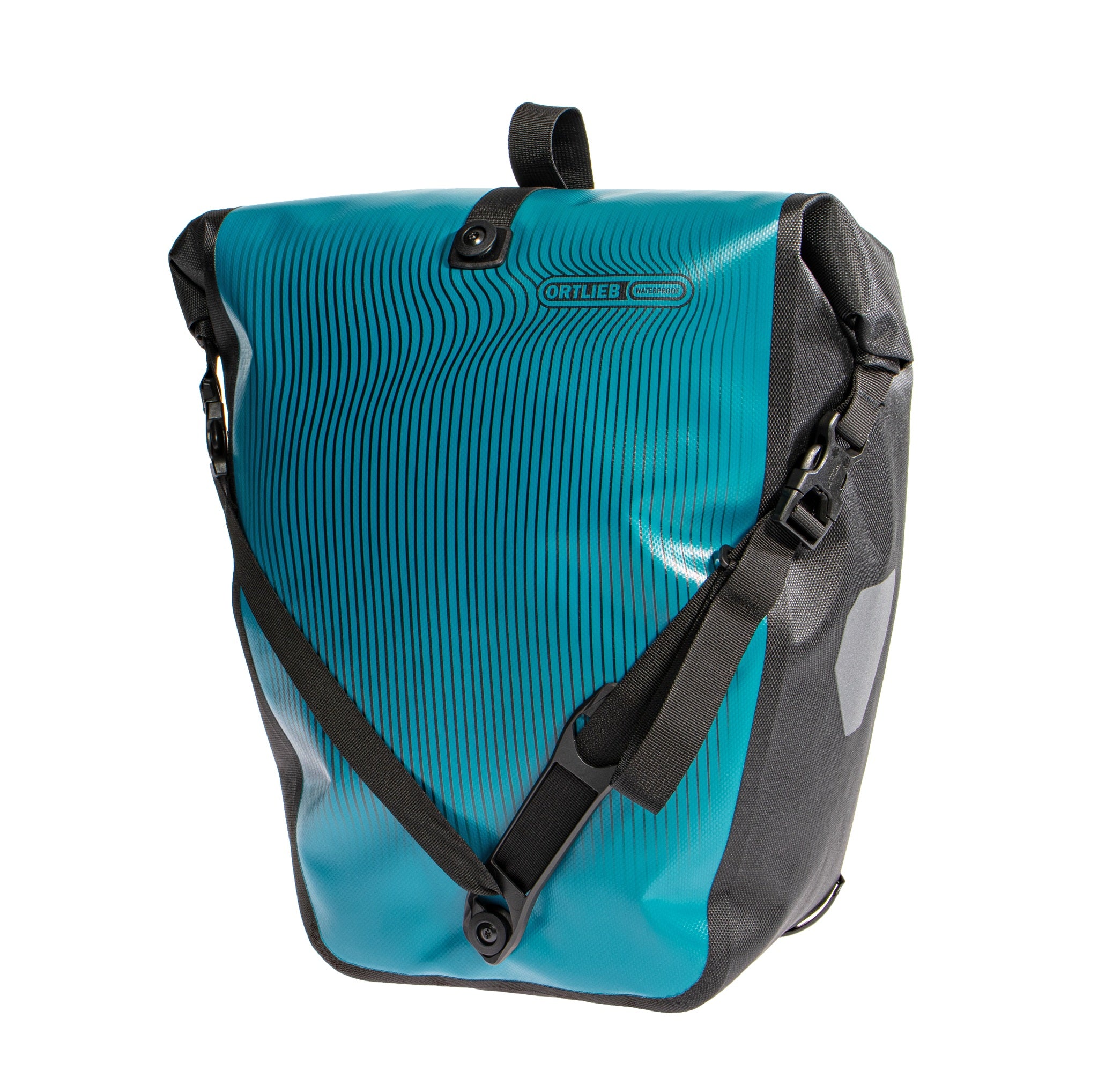 vista frontale della borsa ORTLIEB Back-Roller Design blu petrolio con motivo a righe grafiche