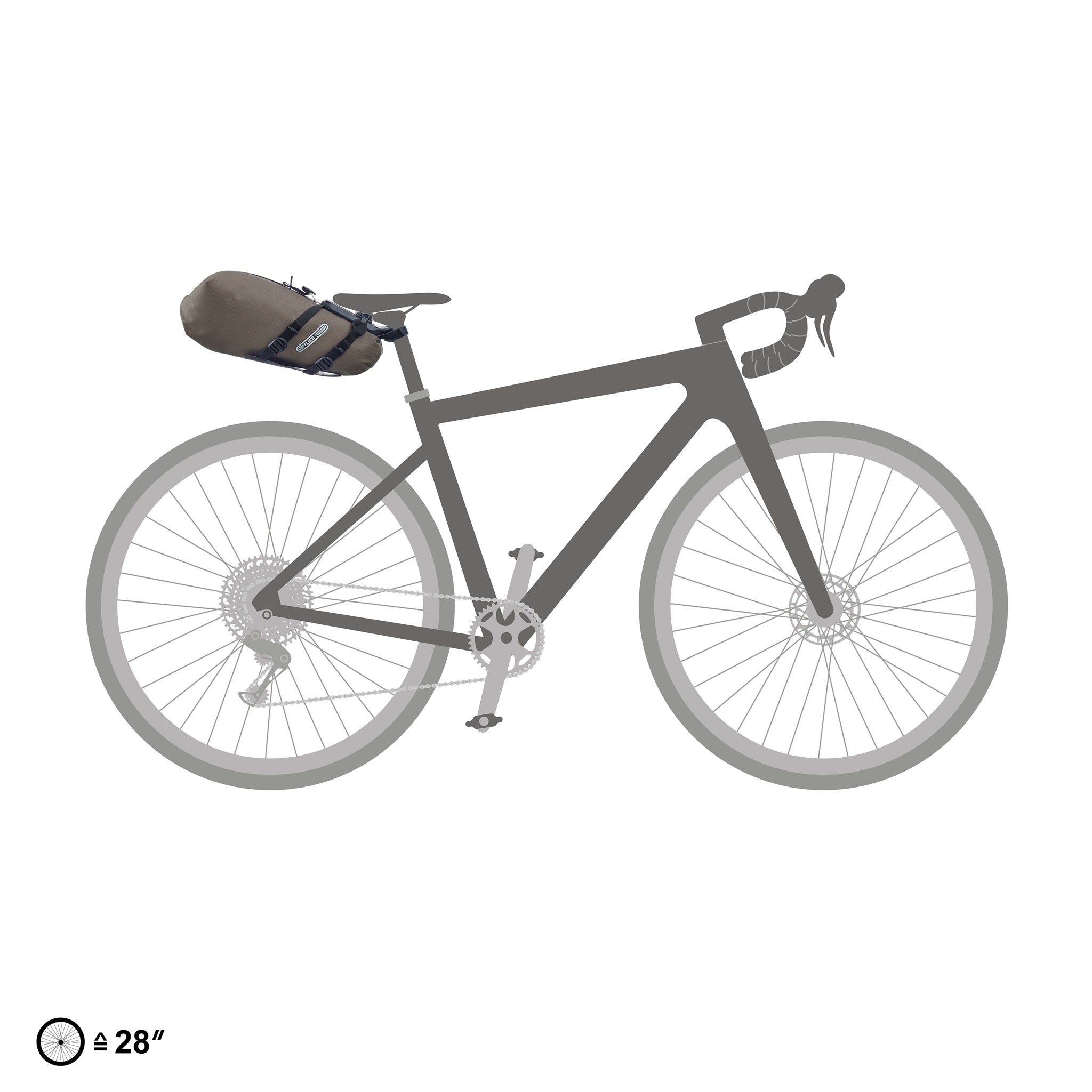 ORTLIEB Seat-Pack QR color dark-sand montata su gravel bike su sfondo bianco