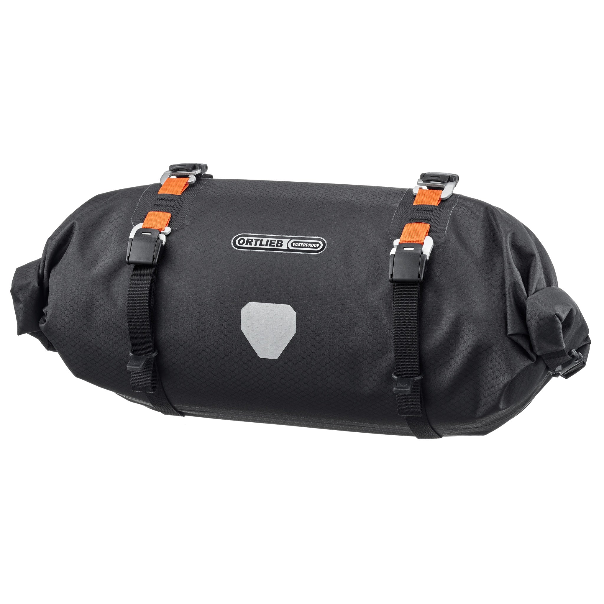 Vista frontale della ORTLIEB Handlebar-Pack Flex color black-matt con logo riflettente e cinghie di compressione