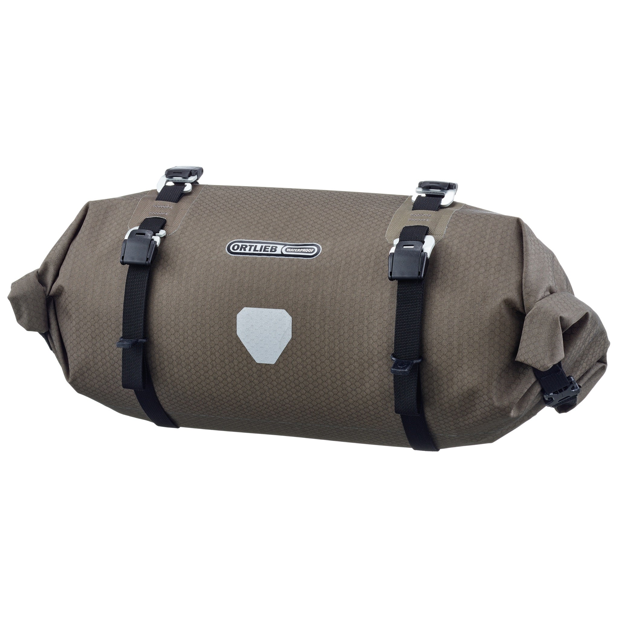 Vista frontale della ORTLIEB Handlebar-Pack Flex color dark-sand con logo riflettente e cinghie di compressione