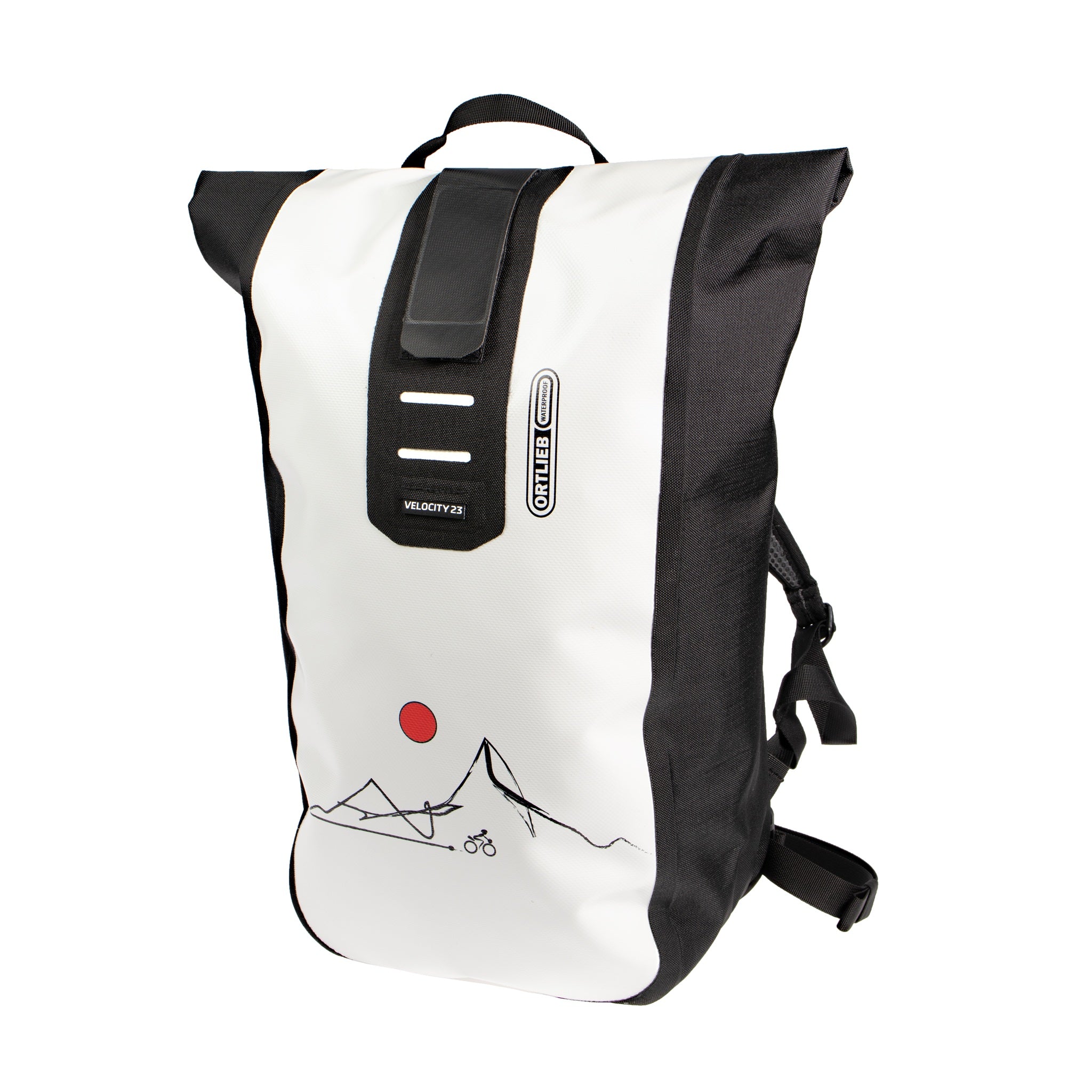 Zaino ORTLIEB Velocity Design bianco e nero con motivo sole rosso e linea montagna sul davanti