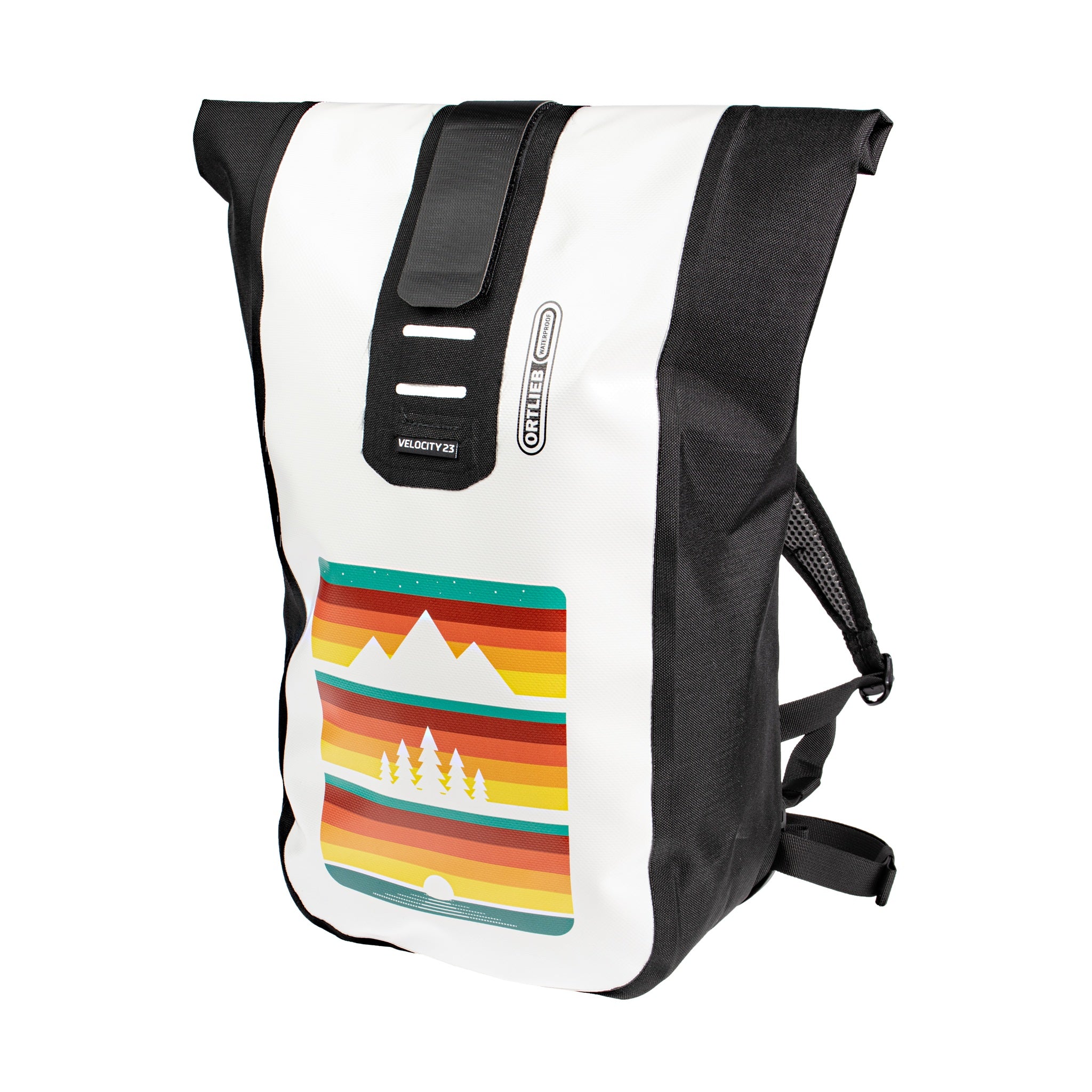 Zaino ORTLIEB Velocity Design bianco e nero con grafica colorata di montagne e alberi sul davanti